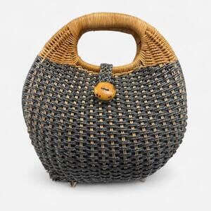 Straw Studios Woven Handbag Womens Basket Style Wooden Handle